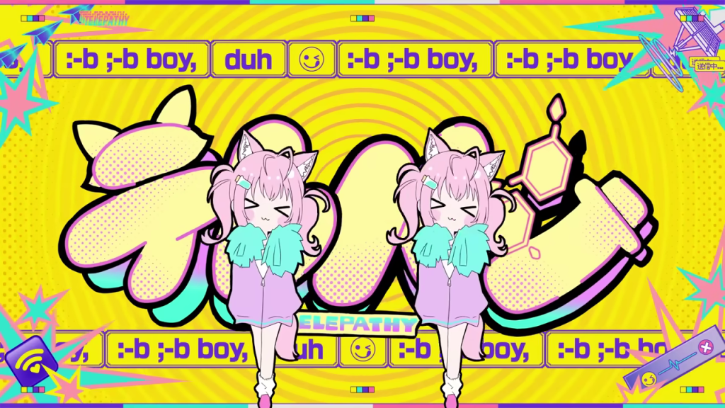 ポップな背景で踊る2人のピンク髪キャラクター