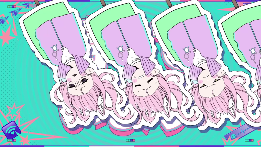 逆さまに吊るされたピンク髪のキャラクターたち