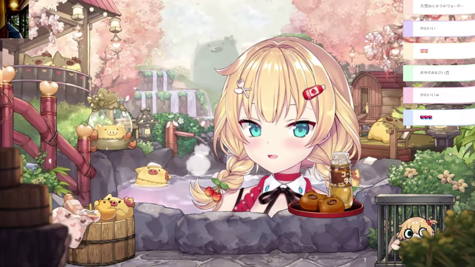 旅館の庭園を望む茶器（夜景）とVTuber