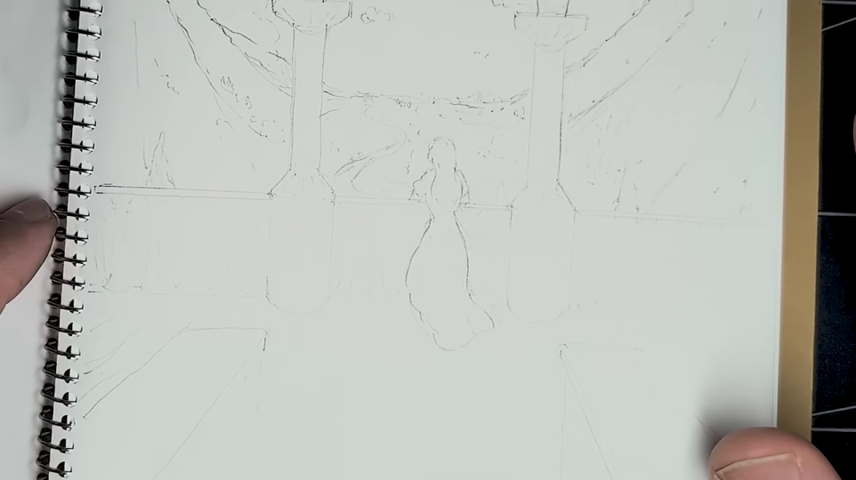 - 女性が遠景を見るスケッチ（未完成）