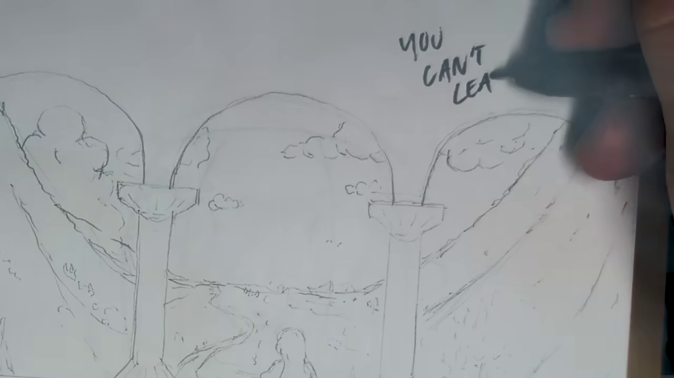 - スケッチに「YOU CAN'T LEAVE」の文字を書き込む手