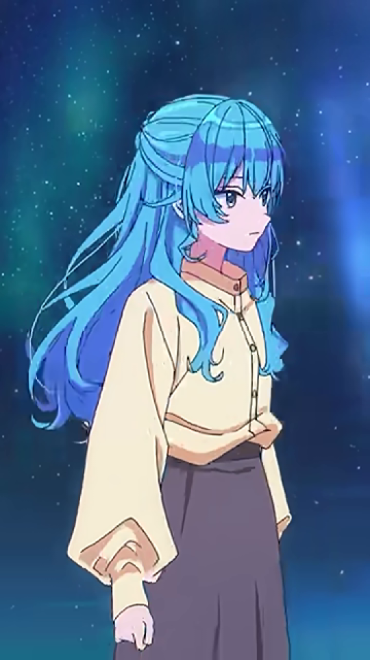 星空を背景に横を向いて立つ青髪の女性