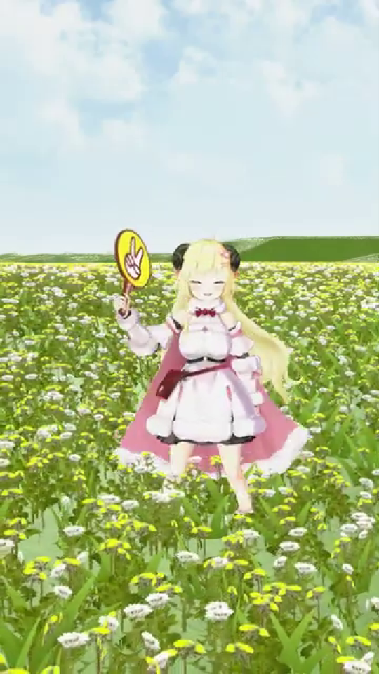 ピースうちわを掲げる羊角の少女