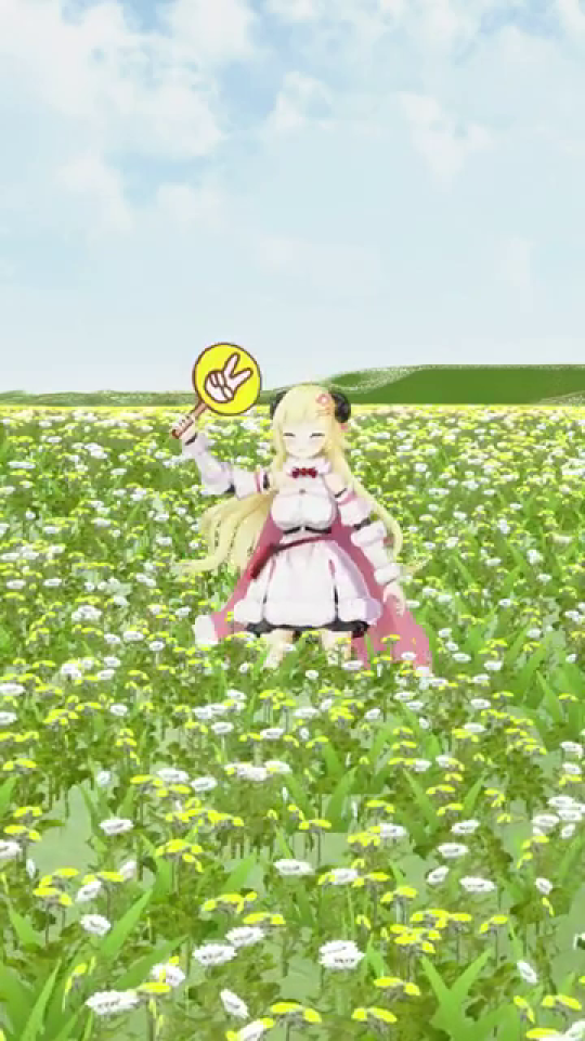 ピースうちわを掲げ微笑む少女