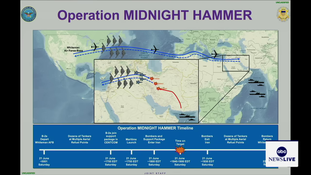 - 作戦「MIDNIGHT HAMMER」の詳細が示されたスライド。B-2爆撃機の発進基地、給油ポイント、イラン国内の目標への飛行ルート、および各段階の時間軸が緻密に描かれており、作戦の広範な地理的範囲と時間的な整合性を視覚的に伝えることで、その複雑さと周到な計画性を読者に深く印象付けます。