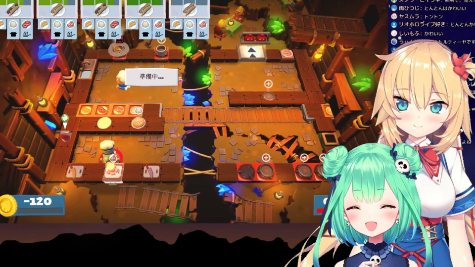 工業風ステージで炎上する箇所が見られスコアが「-150」になったOvercooked! 2のゲーム画面と、笑顔のVTuberキャラクター2人