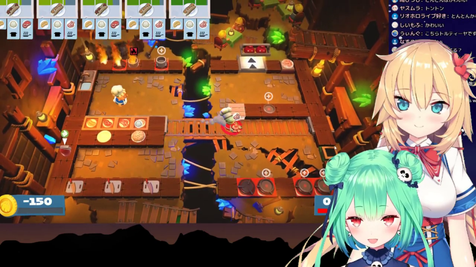 工業風ステージで炎上し「-150」スコアと赤い「5」が表示されたOvercooked! 2のゲーム画面と、笑顔のVTuberキャラクター2人