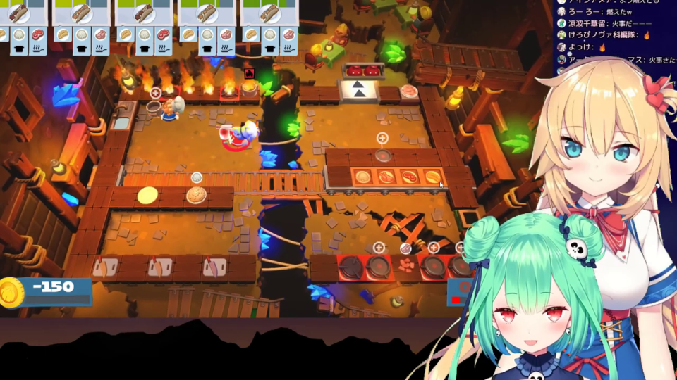 スコアが空白で表示されたOvercooked! 2のリザルト画面と、笑顔のVTuberキャラクター2人