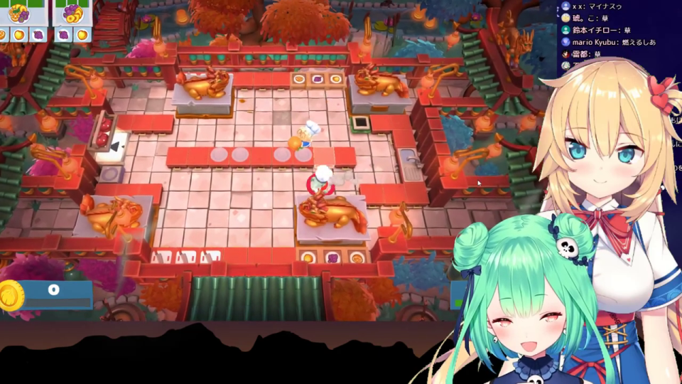 中華風ステージで初めてプラススコア「65」を獲得しているOvercooked! 2のゲーム画面と、笑顔のVTuberキャラクター2人