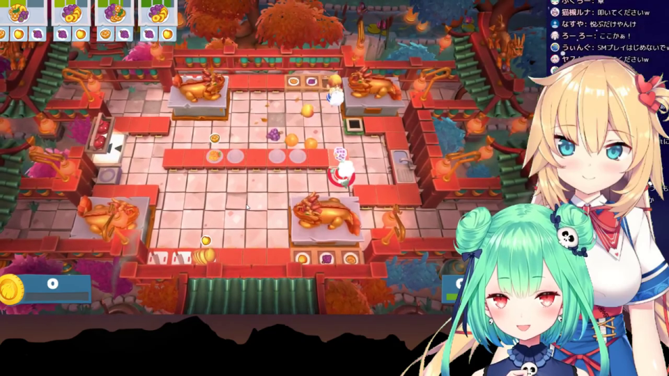 中華風ステージで順調にスコア「103」を獲得しているOvercooked! 2のゲーム画面と、笑顔のVTuberキャラクター2人