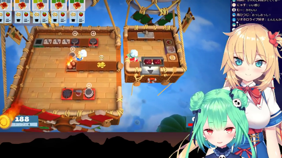 Overcooked! 2の「ロビーを出る」確認画面と、笑顔のVTuberキャラクター2人