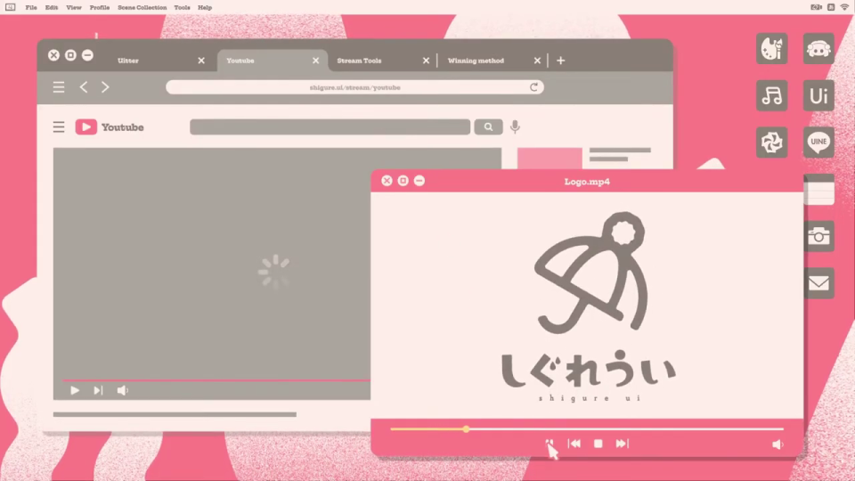 バーチャルデスクトップ上でYouTubeとロゴ動画が再生中