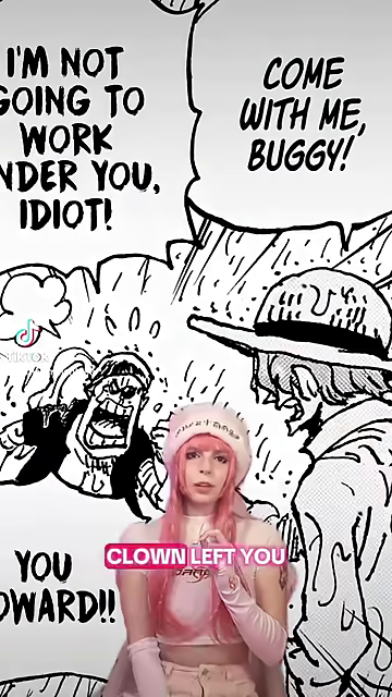漫画のバギーとシャンクスのコマ絵と「CLOWN LEFT YOU」と話す女性