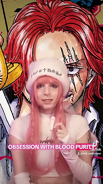 シャンクスのカラーイラストと「OBSESSION WITH BLOOD PURITY」と話す女性