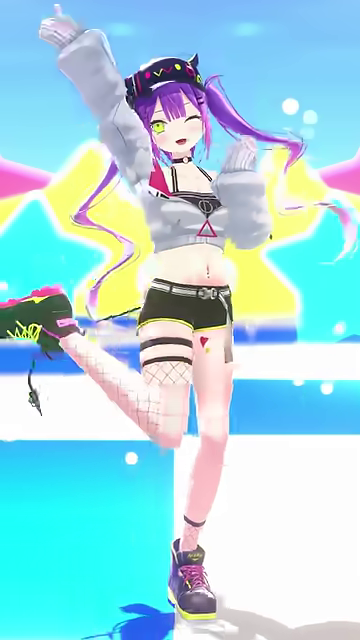 笑顔で片腕を上げ、片足を上げる躍動的なVTuber