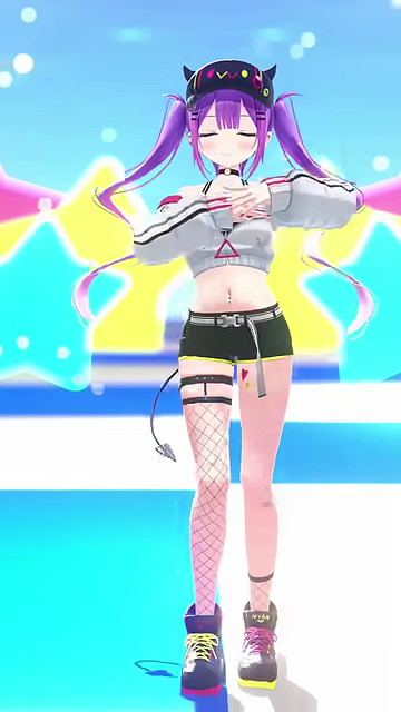 目を開けて両腕を水平に広げ、体を傾けるVTuber