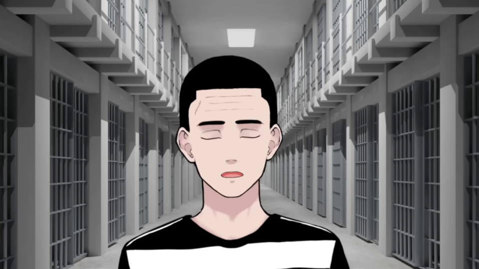 刑務所の廊下に立つアニメキャラクター