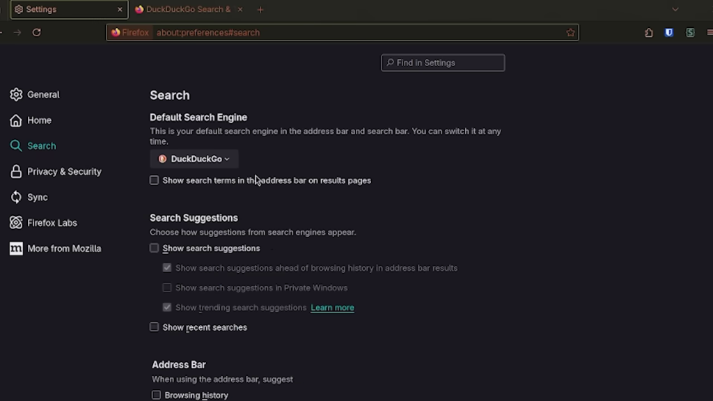 Firefoxの検索エンジン設定画面でDuckDuckGoが選択されている