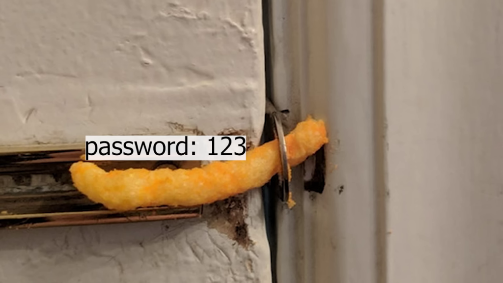 ドアに挟まったスナック菓子と「password: 123」のテロップ