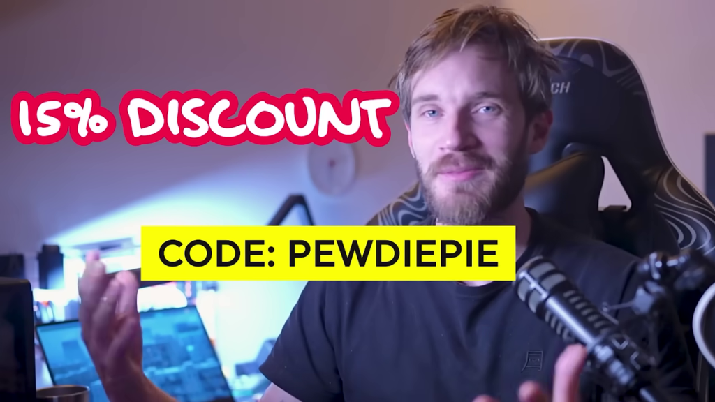 15%割引コード「PEWDIEPIE」のテロップが表示された画面