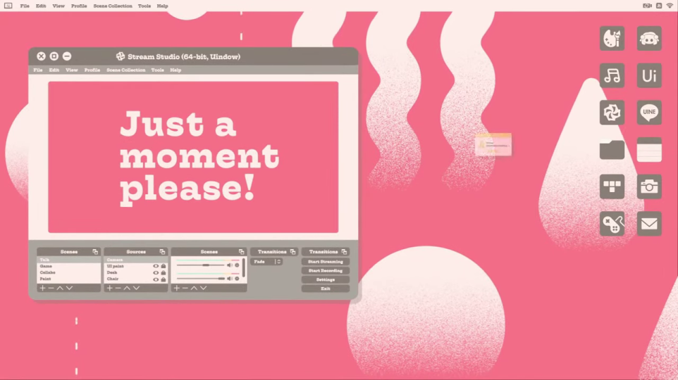 配信準備画面「Just a moment please!」