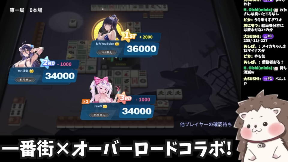 麻雀ゲーム「雀魂」のラウンド開始前の画面、プレイヤーの順位と点数が表示されている