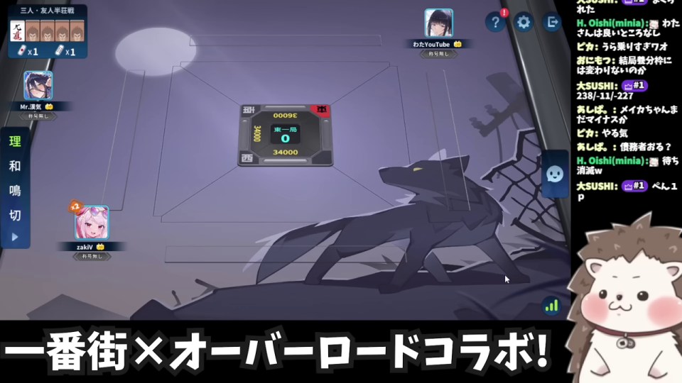 麻雀ゲーム開始前の麻雀卓とプレイヤーアバター、局情報が表示されている