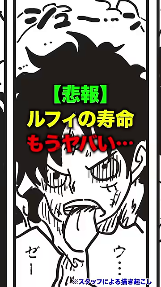 疲弊したルフィと「ルフィの寿命もうヤバイ」テロップ